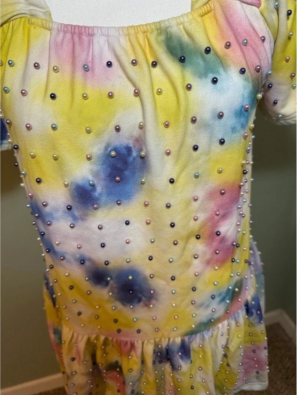 Queen of Sparkles Rainbow Tie-Dye Pearl Embellished Puff sleeve Mini Dress Small